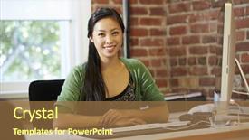  Presentation with woman office desk - Beautiful presentation design featuring female desk - woman working at computer backdrop and a  colored foreground