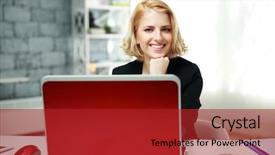  Presentation with workplace - Audience pleasing PPT theme consisting of female desk - young smiling woman sitting backdrop and a  colored foreground