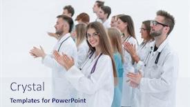  Presentation with give - PPT theme with female-doctor-and-her-colleagues background and a sky blue colored foreground