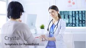  Presentation with female hospital patient - Presentation theme consisting of female doctor calming down a patient at a hospital consulting room holding her hand background and a light blue colored foreground