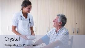  Presentation with blood pressure - Amazing slide deck having female doctor checking blood pressure backdrop and a light blue colored foreground