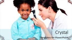  Presentation with patients - Cool new presentation theme with female doctor checking her patients ears against snowflake frame backdrop and a arctic colored foreground
