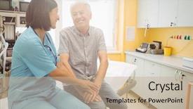  Presentation with moving patient to hospital bed - Slide deck enhanced with female doctor consoling a patient background and a mint green colored foreground