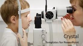  Presentation with eye doctor - Amazing slide deck having female doctor examines eyes backdrop and a mint green colored foreground