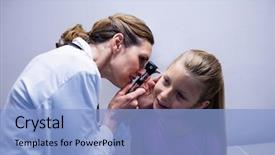  Presentation with female hospital patient - PPT layouts having examining patient ear with otoscope background and a light blue colored foreground