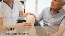  Presentation with patients - Beautiful PPT theme featuring female doctor examining patients knee backdrop and a coral colored foreground