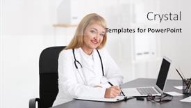  Presentation with application - Presentation design having female doctor filling up application form in consultation room background and a light gray colored foreground