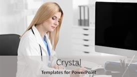  Presentation with application - Colorful PPT layouts enhanced with female doctor filling up application form in consultation room backdrop and a light gray colored foreground