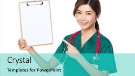  Presentation with finger point - PPT theme enhanced with female doctor finger point to clipboard background and a teal colored foreground