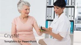  Presentation with patients - PPT theme with female doctor fixing wrist brace on senior patients hand in the medical office background and a soft green colored foreground