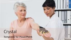  Presentation with patients - Theme enhanced with female doctor fixing wrist brace on senior patients hand in the medical office background and a lemonade colored foreground