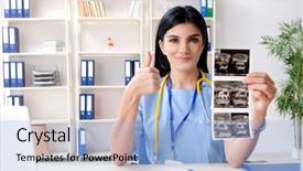  Presentation with gynecologist - Slide set with female doctor gynecologist working background and a light blue colored foreground