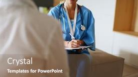  Presentation with hold hand - PPT theme featuring female doctor hand hold silver pen filling patient history list at clipboard pad background and a violet colored foreground