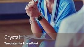  Presentation with hold hand - Colorful PPT theme enhanced with female-doctor-hand-hold-silver backdrop and a tawny brown colored foreground