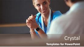  Presentation with hold hand - Colorful theme enhanced with female-doctor-hand-hold-silver backdrop and a gray colored foreground