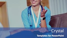  Presentation with hold hand - Audience pleasing theme consisting of female-doctor-hand-hold-silver backdrop and a ocean colored foreground