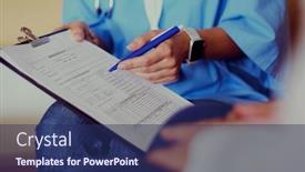  Presentation with hold hand - Theme having female-doctor-hand-hold-silver background and a navy blue colored foreground