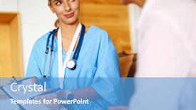  Presentation with hold hand - Presentation design consisting of female-doctor-hand-hold-silver background and a teal colored foreground