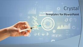  Presentation with research - PPT theme enhanced with female doctor hand holding syringe with research data graphic background and a light blue colored foreground
