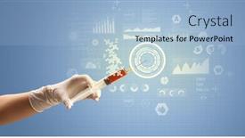  Presentation with research - Audience pleasing PPT layouts consisting of female doctor hand holding syringe with research data graphic backdrop and a light blue colored foreground
