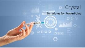  Presentation with research - Amazing slide set having female doctor hand holding syringe with research data graphic backdrop and a light blue colored foreground