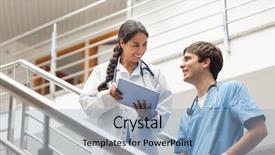  Presentation with female doctor - Beautiful slides featuring female doctor holding a tablet backdrop and a light blue colored foreground