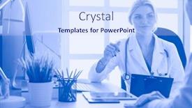  Presentation with consulting - PPT theme having female doctor holding application form while consulting patient background and a sky blue colored foreground