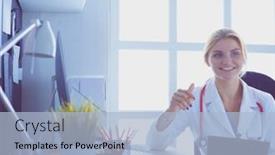  Presentation with consulting - Beautiful presentation theme featuring female doctor holding application form while consulting patient backdrop and a light blue colored foreground