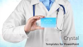  Presentation with business card - Amazing slide deck having female-doctor-holding-business-card and a  colored foreground