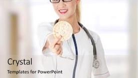  Presentation with rice cake - PPT theme consisting of beautiful blond female doctor holding rice cake diet concept background and a soft green colored foreground