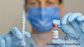  Presentation with coronavirus researcher - Audience pleasing PPT theme consisting of female-doctor-holds-syringe backdrop and a light blue colored foreground