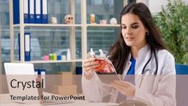  Presentation with blood transfusion - PPT theme featuring female doctor in blood transfusion background and a coral colored foreground