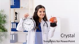  Presentation with blood transfusion - Slide deck having female doctor in blood transfusion background and a light gray colored foreground