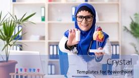  Presentation with hijab - PPT theme having female doctor in hijab working in the hospital background and a teal colored foreground