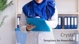  Presentation with hijab - Presentation theme having female-doctor-in-hijab-working background and a light gray colored foreground