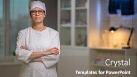  Presentation with laboratory equipment - Cool new slide set with female-doctor-in-laboratory-office backdrop and a gray colored foreground