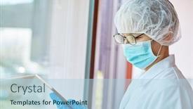  Presentation with epidemic - Slide deck with female-doctor-in-protective-clothing background and a light blue colored foreground