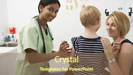  Presentation with vaccine - Beautiful presentation design featuring female doctor injecting vaccine to boy standing with mother in clinic backdrop and a tawny brown colored foreground