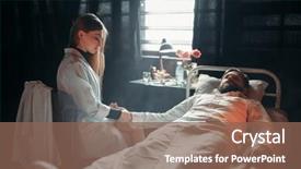  Presentation with pulse - Colorful presentation enhanced with female doctor measures the pulse of sick man backdrop and a violet colored foreground