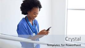  Presentation with stairs - Slide set enhanced with female-doctor-or-nurse-browsing background and a light blue colored foreground