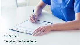  Presentation with medical clipboard - PPT layouts enhanced with female doctor or nurse writing background and a sky blue colored foreground