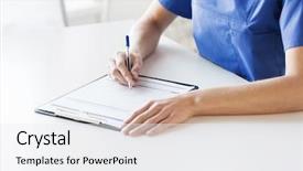  Presentation with medical clipboard - Audience pleasing slide deck consisting of female doctor or nurse backdrop and a sky blue colored foreground