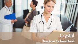  Presentation with female leader social media - PPT theme consisting of female doctor reading a medical background and a coral colored foreground