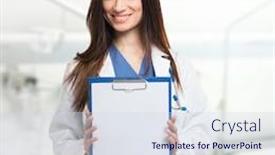  Presentation with white sheet - PPT theme featuring female doctor showing a sheet of white paper background and a sky blue colored foreground