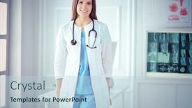  Presentation with doctor and collegue relationship - Presentation design with female doctor standing at hospita with her stethoscope hanging on her neck background and a light blue colored foreground