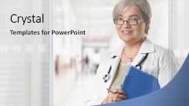  Presentation with mature masked female surgeon - Cool new PPT layouts with female doctor standing on hospital backdrop and a light gray colored foreground