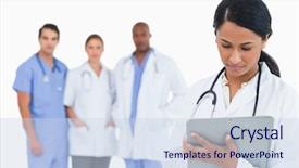  Presentation with members - PPT layouts enhanced with female doctor taking notes on clipboard with staff members behind her against a white background background and a sky blue colored foreground