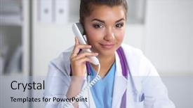  Presentation with talking on phone - Audience pleasing PPT layouts consisting of female doctor talking on phone backdrop and a light blue colored foreground
