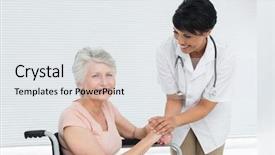 Presentation with female hospital patient - Presentation design featuring female doctor talking to a senior patient in wheelchair at the hospital background and a sky blue colored foreground