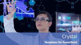  Presentation with data science - Cool new slide deck with female-doctor-touching-screen backdrop and a teal colored foreground